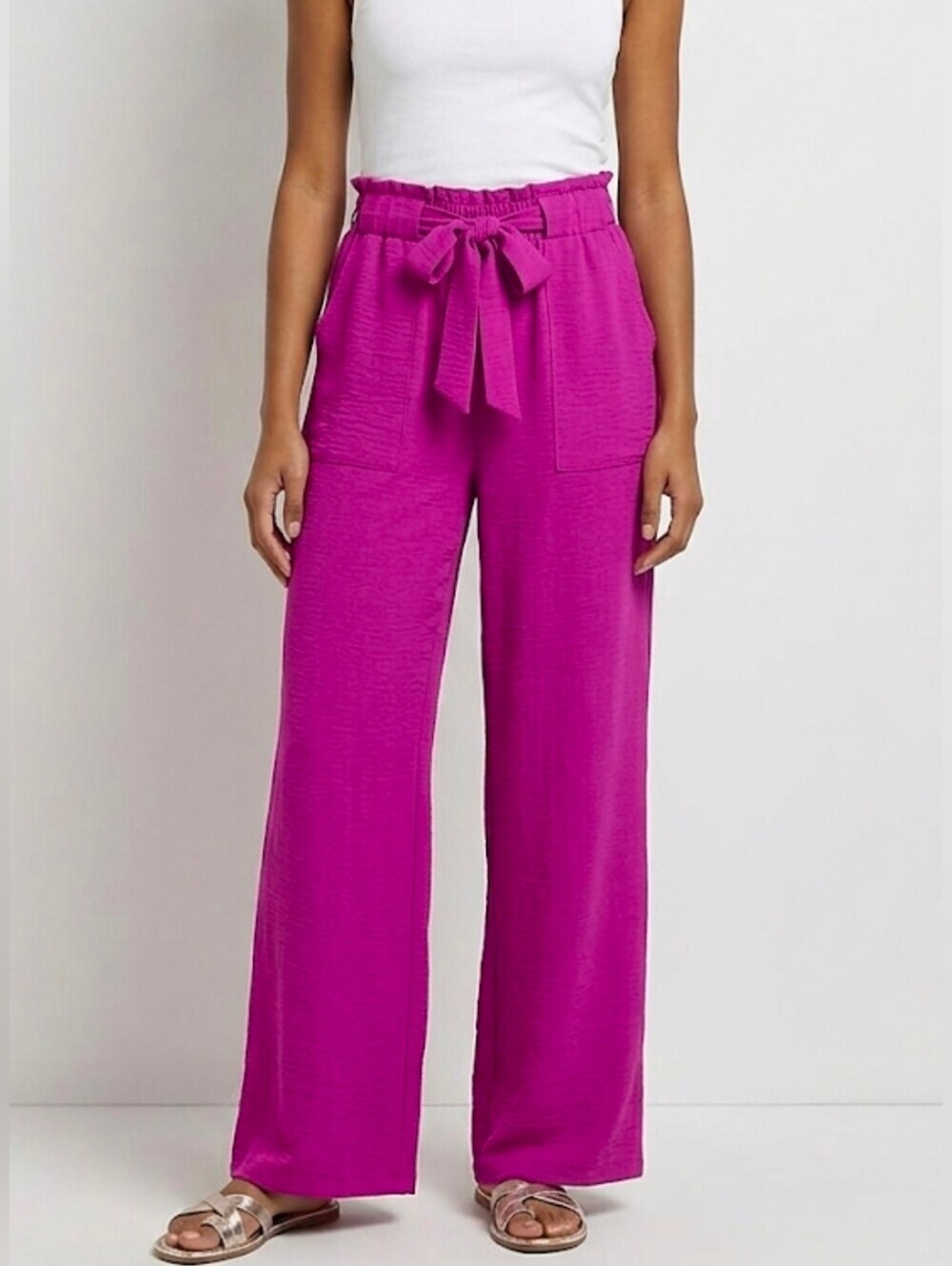 High Waisted Wide Leg Pants Hot Pink Tie Belt Paperbag Elastic Waist - Size XS
